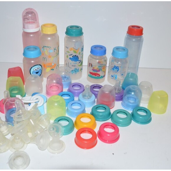 Vtg Plastic Baby Doll Bottle huge Lot Owl dinosaur cookie monster rings covers - Picture 1 of 9